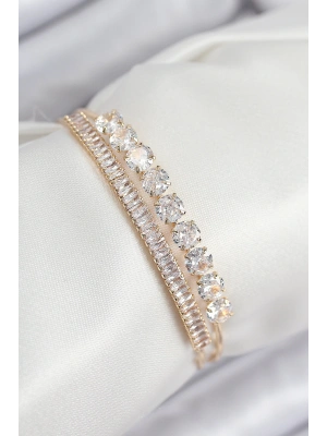 Pirinç Zirkon Taşlı Su Yolu Model Gold Renk Kadın Bileklik