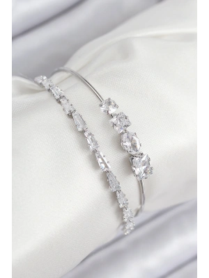 Pirinç Zirkon Taşlı Su Yolu Model Gümüş Renk Kadın Bileklik