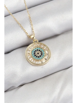 Pirinç Zirkon Taşlı Su Yolu Nazar Model Gold Renk Kadın Kolye