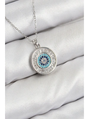 Pirinç Zirkon Taşlı Su Yolu Nazar Model Gümüş Renk Kadın Kolye