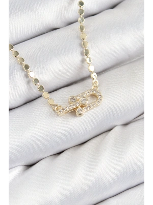 Pirinç Zirkon Taşlı Tifany Model Ezme Zincir Gold Renk Kadın Kolye