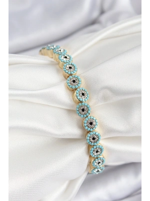 Pirinç Zirkon Taşlı Turkuaz Nazar Model Gold Renk Lastikli Kadın Bileklik