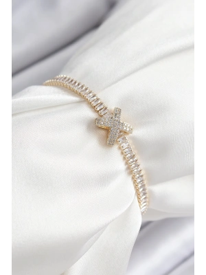 Pirinç Zirkon Taşlı X Detaylı Su Yolu Model Gold Renk Asansörlü Kadın Bileklik