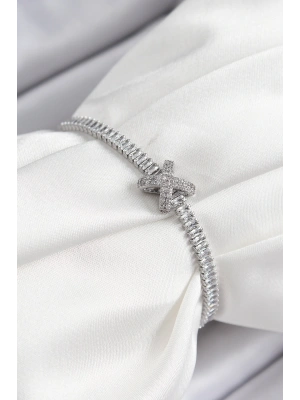 Pirinç Zirkon Taşlı X Detaylı Su Yolu Model Gümüş Renk Asansörlü Kadın Bileklik