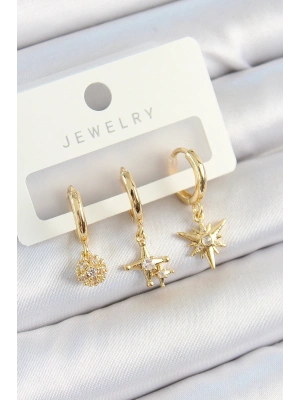 Pirinç Zirkon Taşlı Yıldız Model Gold Renk 3lü Çift Kadın Küpe Set