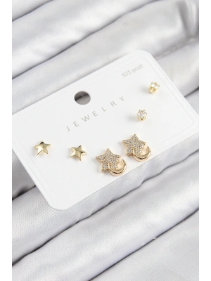 Pirinç Zirkon Taşlı Yıldız Model Gold Renk 925 Ayar Gümüş Çivi Kadın Küpe Set