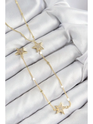 Pirinç Zirkon Taşlı Yıldız Model Gold Renk Y Kolye