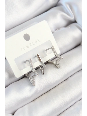 Pirinç Zirkon Taşlı Yıldız Model Gümüş Renk 3lü Çift Kadın Küpe Set