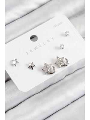 Pirinç Zirkon Taşlı Yıldız Model Gümüş Renk 925 Ayar Gümüş Çivi Kadın Küpe Set