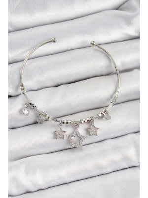 Pirinç Zirkon Taşlı Yıldız Model Gümüş Renk Charm Bileklik