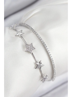 Pirinç Zirkon Taşlı Yıldız Model Gümüş Renk Kadın Bileklik