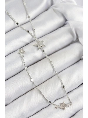 Pirinç Zirkon Taşlı Yıldız Model Gümüş Renk Y Kolye