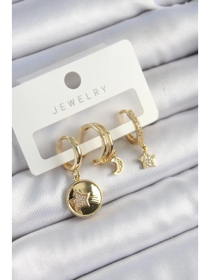 Pirinç Zirkon Taşlı Yıldız Ve Ay Model Gold Renk 3lü Çift Kadın Küpe Set