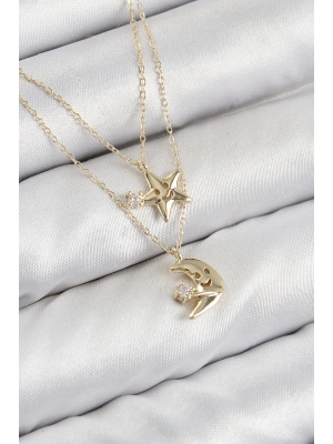 Pirinç Zirkon Taşlı Yıldız Ve Ay Model Gold Renk Kadın Kolye