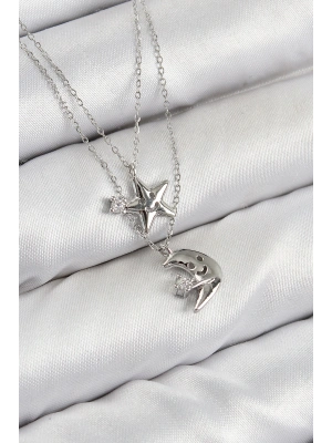 Pirinç Zirkon Taşlı Yıldız Ve Ay Model Gümüş Renk Kadın Kolye