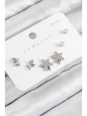 Pirinç Zirkon Taşlı Yıldız Ve Gül Model Gümüş Renk 925 Ayar Gümüş Çivi Kadın Küpe Set