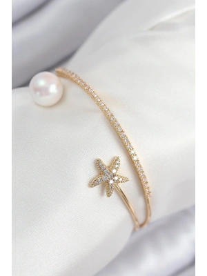 Pirinç Zirkon Taşlı Yıldız Ve İnci Model Gold Renk Kadın Bileklik