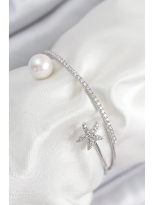 Pirinç Zirkon Taşlı Yıldız Ve İnci Model Gümüş Renk Kadın Bileklik