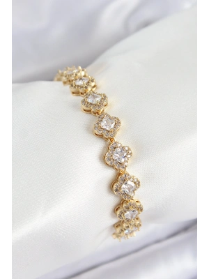 Pirinç Zirkon Taşlı Yonca Baget Model Gold Renk VIP Seri Kadın Bileklik