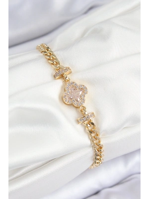 Pirinç Zirkon Taşlı Yonca Model Gold Renk Kadın Bileklik