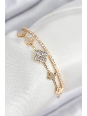 Pirinç Zirkon Taşlı Yonca Model Gold Renk Kadın Bileklik