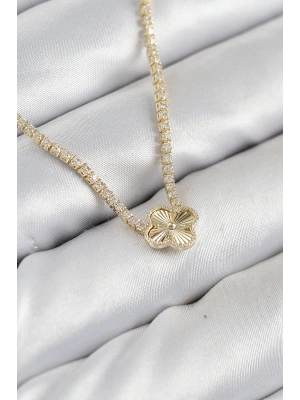 Pirinç Zirkon Taşlı Yonca Model Gold Renk Kadın Kolye