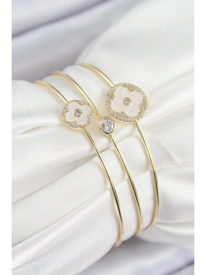 Pirinç Zirkon Taşlı Yonca Model Gold Renk Vip 3lü Kadın Bileklik