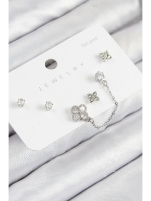 Pirinç Zirkon Taşlı Yonca Model Gümüş Renk 925 Ayar Gümüş Çivi Kadın Küpe Set
