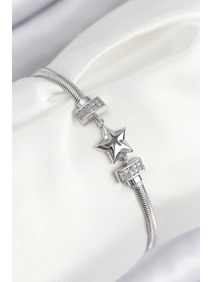 Pirinç Zirkon Taşlı Yonca Model Gümüş Renk Kadın Bileklik