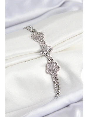 Pirinç Zirkon Taşlı Yonca Model Gümüş Renk Kadın Bileklik