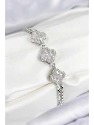 Pirinç Zirkon Taşlı Yonca Model Gümüş Renk Kadın Bileklik