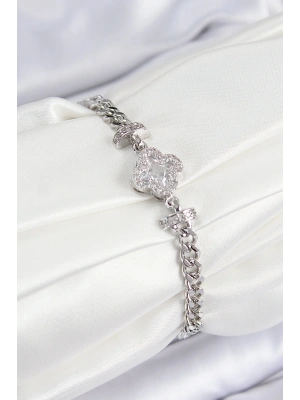 Pirinç Zirkon Taşlı Yonca Model Gümüş Renk Kadın Bileklik