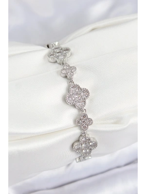 Pirinç Zirkon Taşlı Yonca Model Gümüş Renk VIP Seri Kadın Bileklik