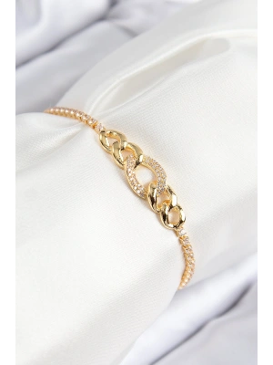 Pirinç Zirkon Taşlı Zincir Model Gold Renk Asansörlü Kadın Bileklik