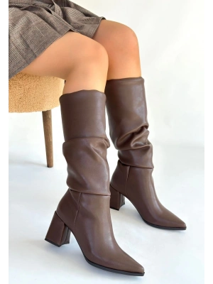 Pitay  Kahverengi Cilt Körüklü Topuklu Çizme