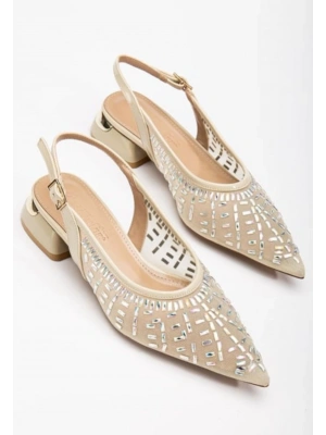 Piyar Bej Taşlı Topuklu Ayakkabı