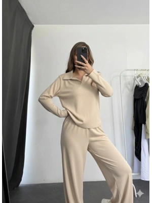 Polo yaka alt üst kollu modal takım bej pt