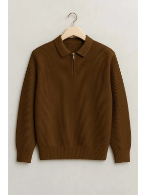 Polo Yaka Fermuarlı Çizgili Old Money Örme Birinci Kalite Yumuşak Uzun Kollu Erkek Kazak