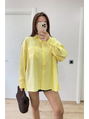 Poplin Kadın Yakalı Yandan Yırtmaçlı Arka Pens Detaylı Gömlek - Sarı