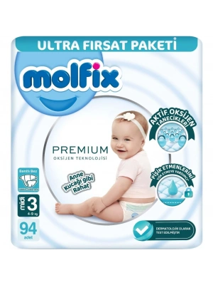 Premium Bebek Bezi Ultra Fırsat Paketi 3 Beden 4-9 Kg 94 Adet