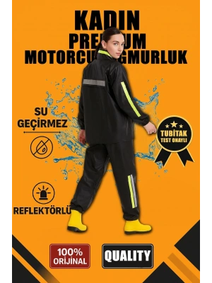 Premium Kadın Motorcu Kurye Yağmurluk Takım Su Geçirmez PVC Kumaş Reflektörlü TÜBİTAK Onaylı - Siyah