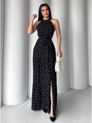 Puantiyeli yırtmaçlı elbise N4233