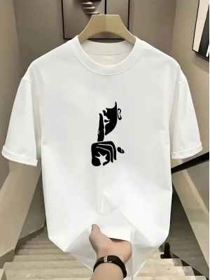 Rahat Bisiklet Yaka Tişört, Yaratıcı Karikatür Baskı - Yumuşak Polyester, Her Mevsim Giyilebilir- Beyaz