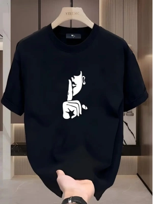 Rahat Bisiklet Yaka Tişört, Yaratıcı Karikatür Baskı - Yumuşak Polyester, Her Mevsim Giyilebilir- Siyah