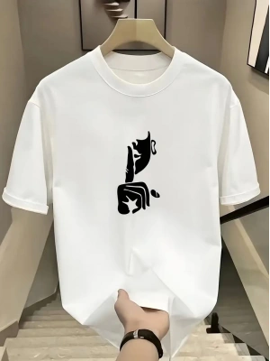 Rahat Bisiklet Yaka Tişört, Yaratıcı Karikatür Baskı - Yumuşak Polyester, Her Mevsim Giyilebilir- Beyaz