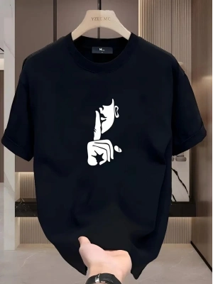 Rahat Bisiklet Yaka Tişört, Yaratıcı Karikatür Baskı - Yumuşak Polyester, Her Mevsim Giyilebilir- Siyah