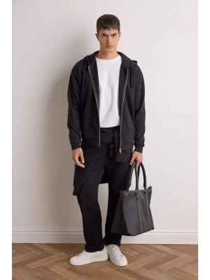 Regular Fit Basic Düz Beli Bağcıklı Düz Paça Cepli Eşofman Altı Siyah