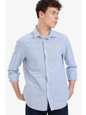 Regular Fit Polo Yaka Çizgili Keten Yazlık Uzun Kollu Gömlek E1730AX25SP