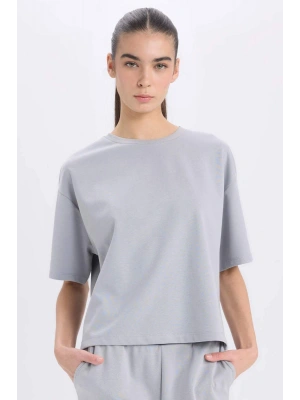 Relax Fit Bisiklet Yaka Basic Düz Kısa Kollu Tişört Gri