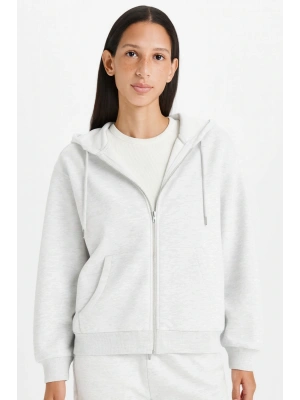 Relax Fit Kapüşonlu Basic Düz Kalın Fermuarlı Sweatshirt